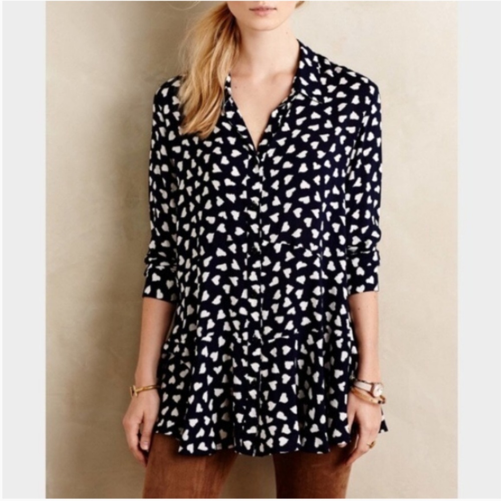 Anthropologie Navy and White Patterned Blouse